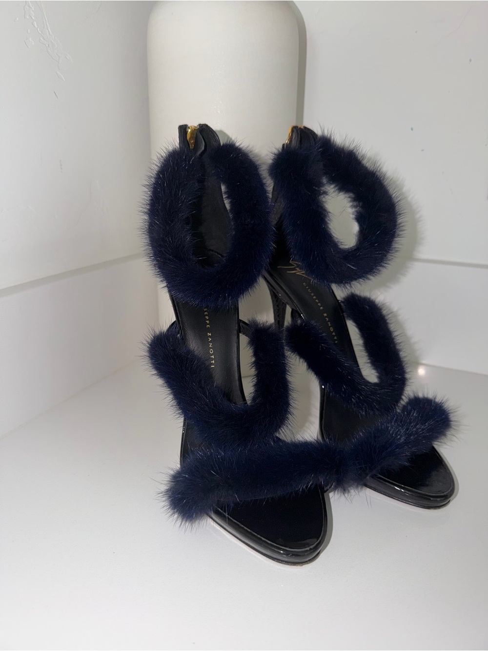 Giuseppe Zanotti Navy Mink fur Strappy High Heels - Women